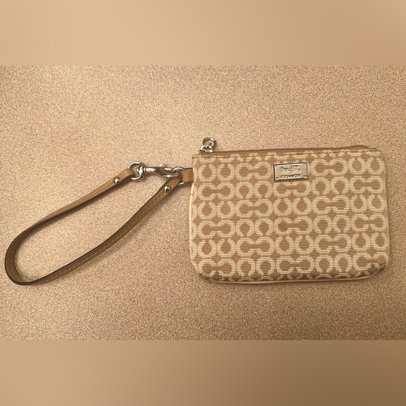 Coach Signature C Canvas Leather Stripe Tan & White Zip Wristlet Wallet - Picture 1 of 4